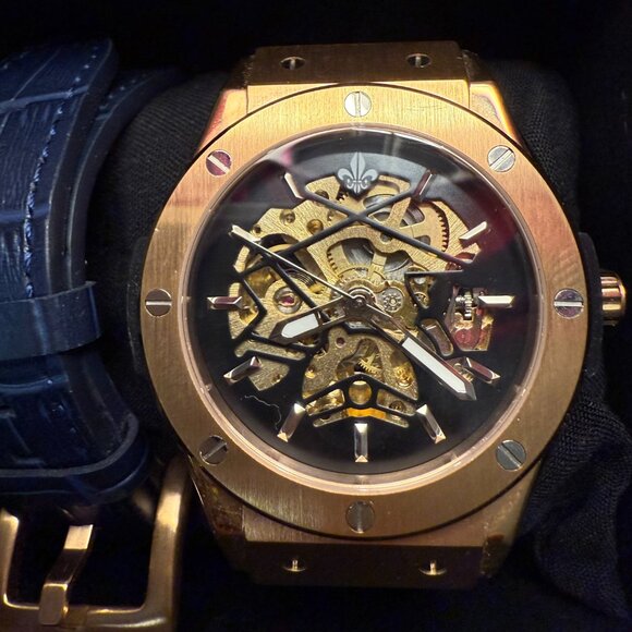 Ralph Christian Luxury Automatic Skeleton Gold/Black Tone Silicone Strap Watch. - Picture 3 of 8